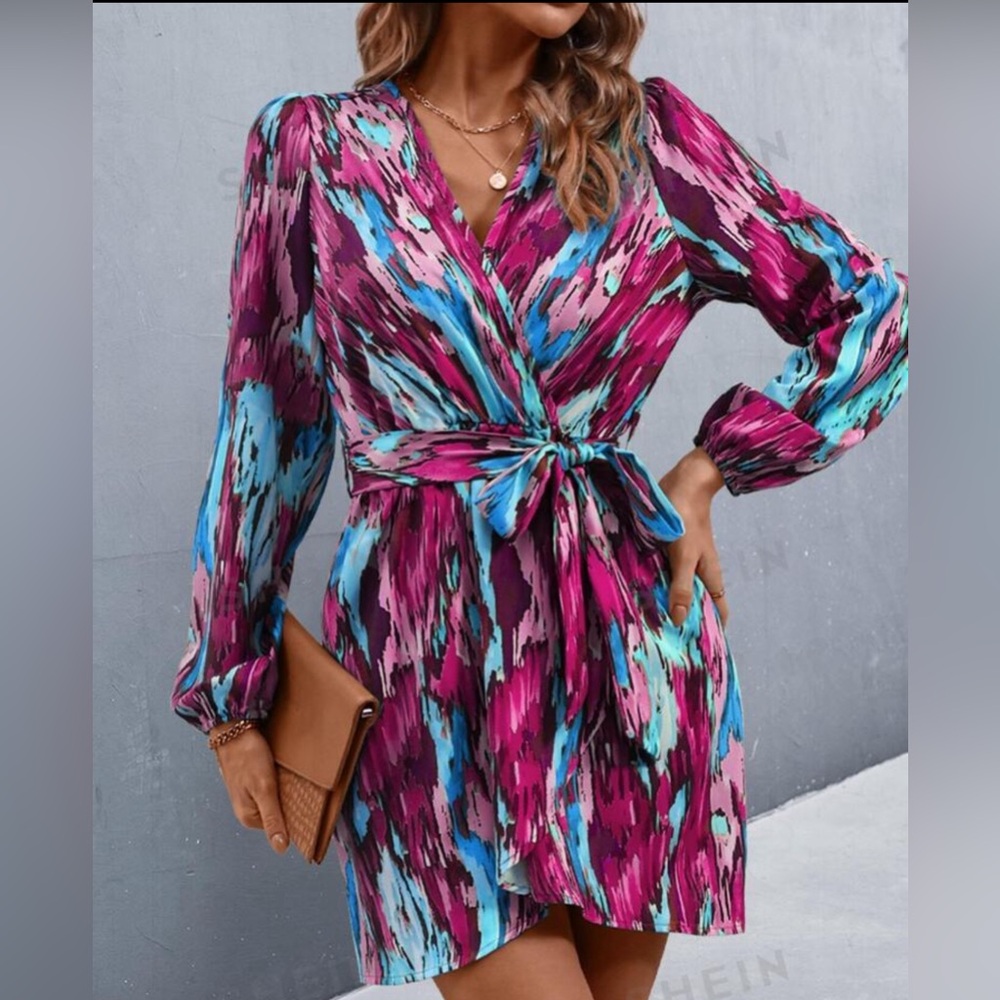 Allover Print Lantern Sleeve Wrap Dress